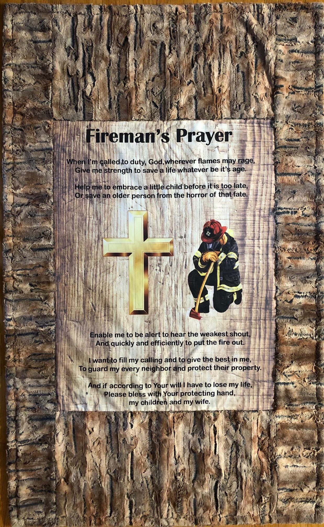 Fireman’s Prayer cotton panel with Luxe Cuddle Red Fox Amber-Taupe on back and borders 36x58 $159 2